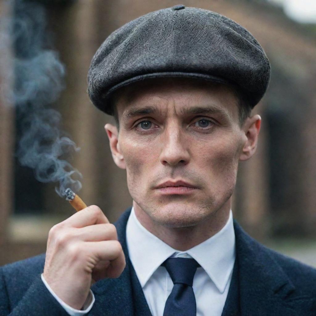 Thomas Shelby from Peaky Blinders, dressed in his classic 1920s suit, smoking a cigarette. The dull, smoky atmosphere reflects the gritty ambience of 1920s Birmingham.