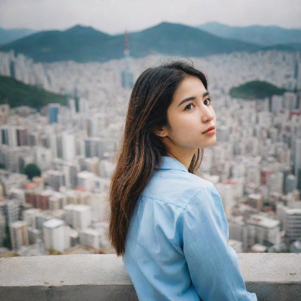 A Kurdish girl, captivated by the bustling metropolis of South Korea, admiring the cityscape with awe.