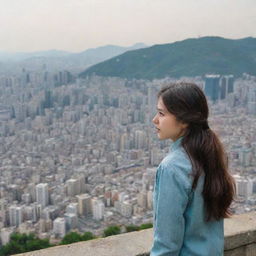 A Kurdish girl, captivated by the bustling metropolis of South Korea, admiring the cityscape with awe.