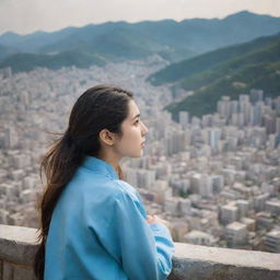 A Kurdish girl, captivated by the bustling metropolis of South Korea, admiring the cityscape with awe.