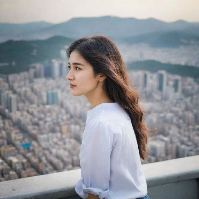 A Kurdish girl, captivated by the bustling metropolis of South Korea, admiring the cityscape with awe.