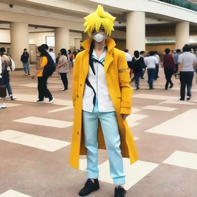 In the anime convention, he dressed up in a stylish getup as his favorite character from a popular anime series.