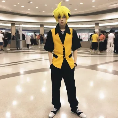 In the anime convention, he dressed up in a stylish getup as his favorite character from a popular anime series.