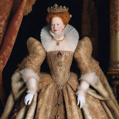 At the royal ball, Queen Elizabeth I wore an exquisite getup, complete with a grand gown, ornate accessories, and a feathered headpiece.