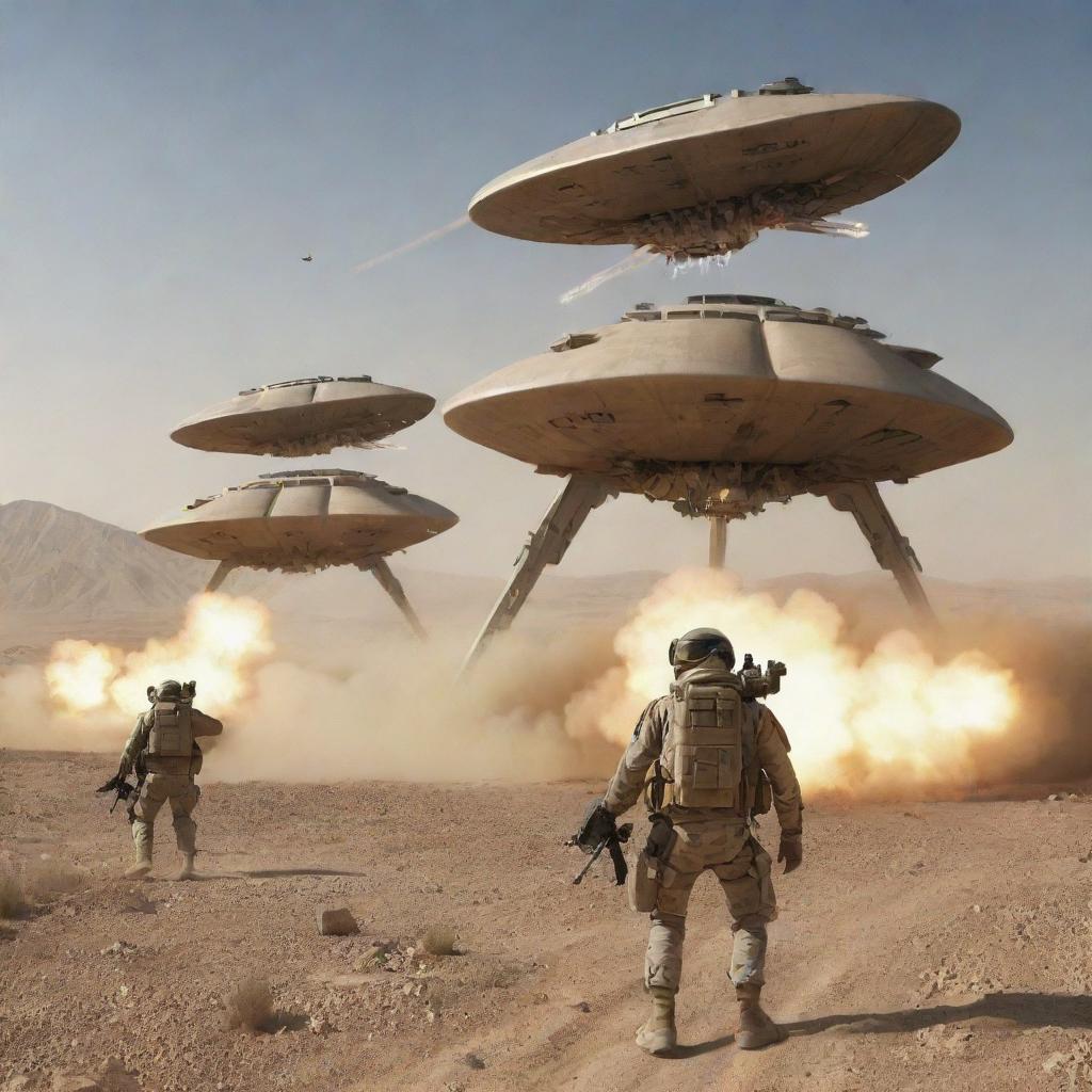 Create an image depicting a hypothetical scenario of Iran defending against an alien invasion, featuring advanced weaponry, a resilient military, and futuristic alien technology.