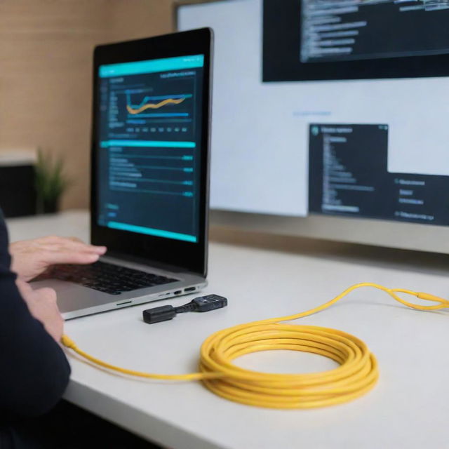 A gigabit fiber optic cable directly connected to an Amazon Virtual Assistant PPC (Pay per Click) dashboard showcasing real-time data analytics.