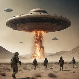 Create an image visualizing a fictional scenario of Iran's war with aliens, highlighting advanced military technology, extraterrestrial invaders, and a dramatic battle scene.