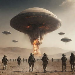 Create an image visualizing a fictional scenario of Iran's war with aliens, highlighting advanced military technology, extraterrestrial invaders, and a dramatic battle scene.