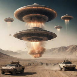 Create an image visualizing a fictional scenario of Iran's war with aliens, highlighting advanced military technology, extraterrestrial invaders, and a dramatic battle scene.