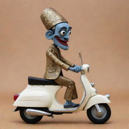 A traditional Indonesian Wayang puppet character stylishly riding a classic Vespa scooter.