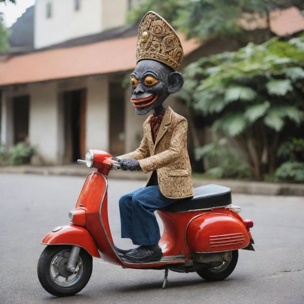 A traditional Indonesian Wayang puppet character stylishly riding a classic Vespa scooter.