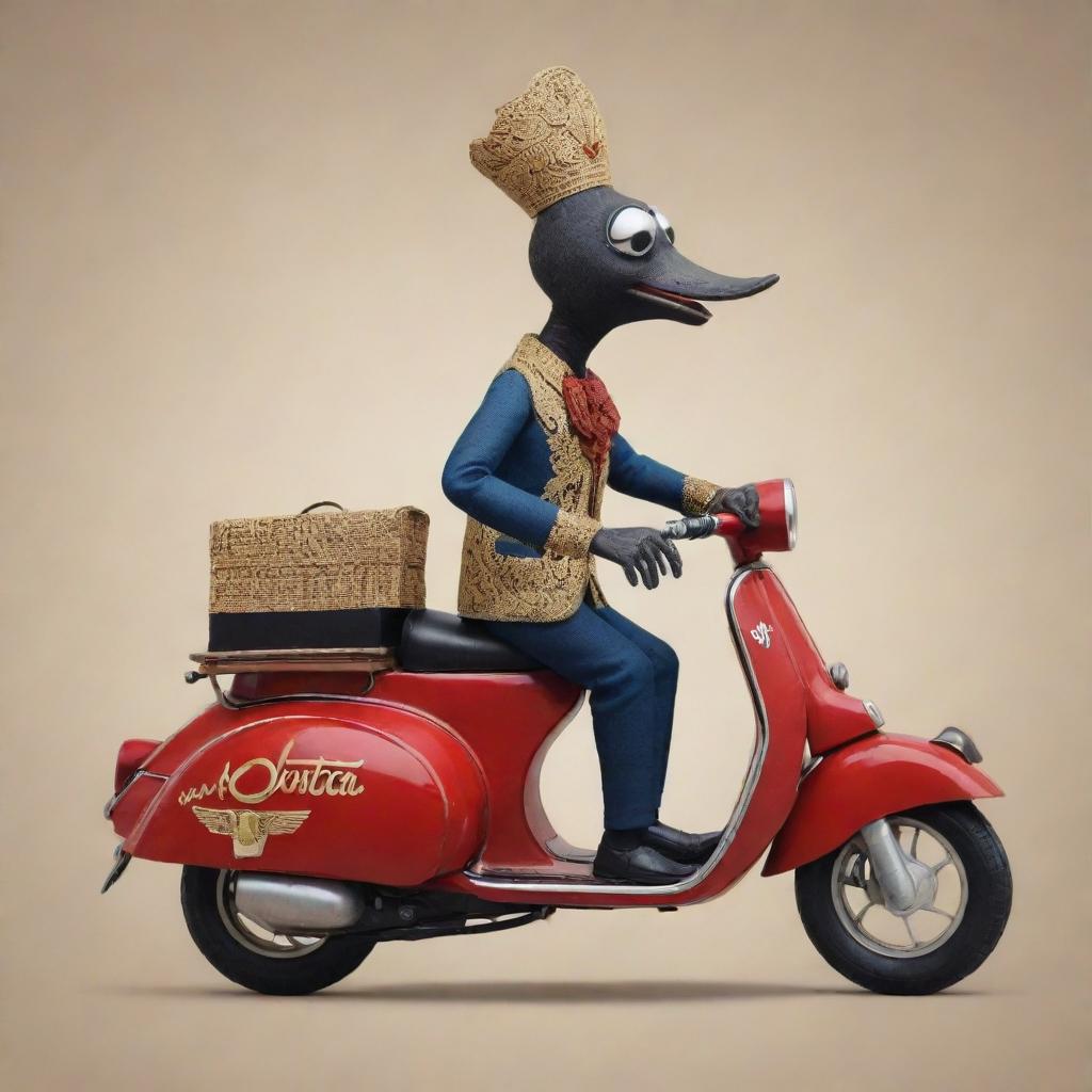 A traditional Indonesian Wayang puppet character stylishly riding a classic Vespa scooter.