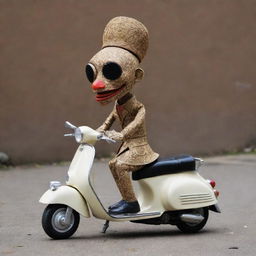 A traditional Indonesian Wayang puppet character stylishly riding a classic Vespa scooter.