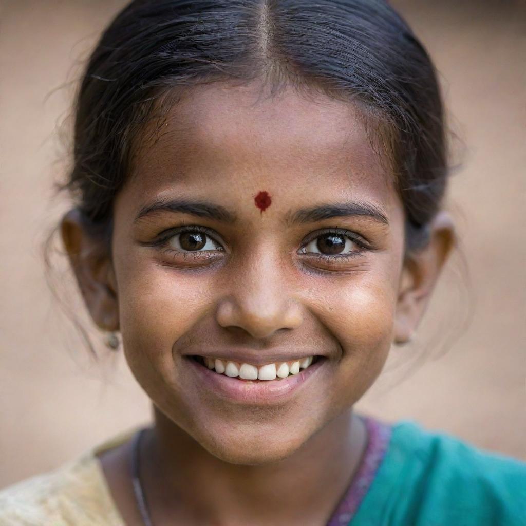 A portrait of a young Indian girl, featuring her in traditional attire, with a friendly smile on her face and expressive eyes.