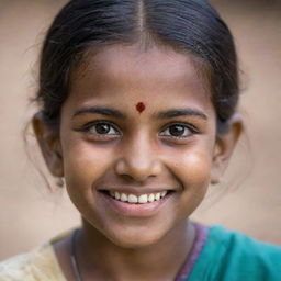 A portrait of a young Indian girl, featuring her in traditional attire, with a friendly smile on her face and expressive eyes.