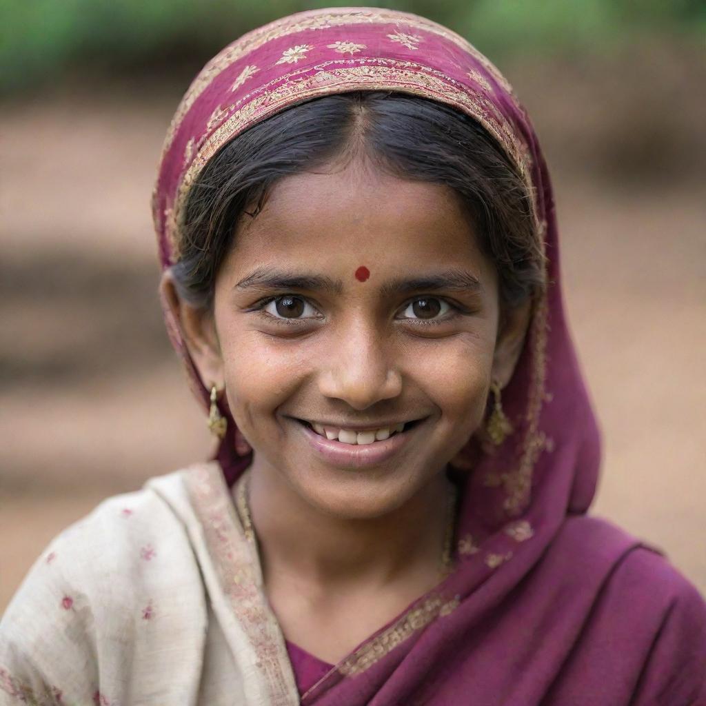 A portrait of a young Indian girl, featuring her in traditional attire, with a friendly smile on her face and expressive eyes.