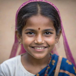 A portrait of a young Indian girl, featuring her in traditional attire, with a friendly smile on her face and expressive eyes.