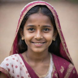 A portrait of a young Indian girl, featuring her in traditional attire, with a friendly smile on her face and expressive eyes.