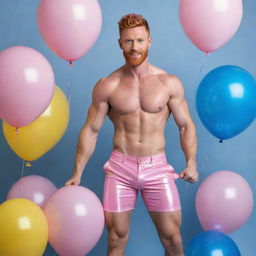 A muscular male model with short hair, ginger beard, and abs, approximately 40 years old, wearing pink latex shorts and a crop top. He's dynamically posing atop a real, pink, curly-haired horse amidst an iridescent backdrop scattered with blue and yellow balloons. A high-definition, full shot image with impeccable detail.