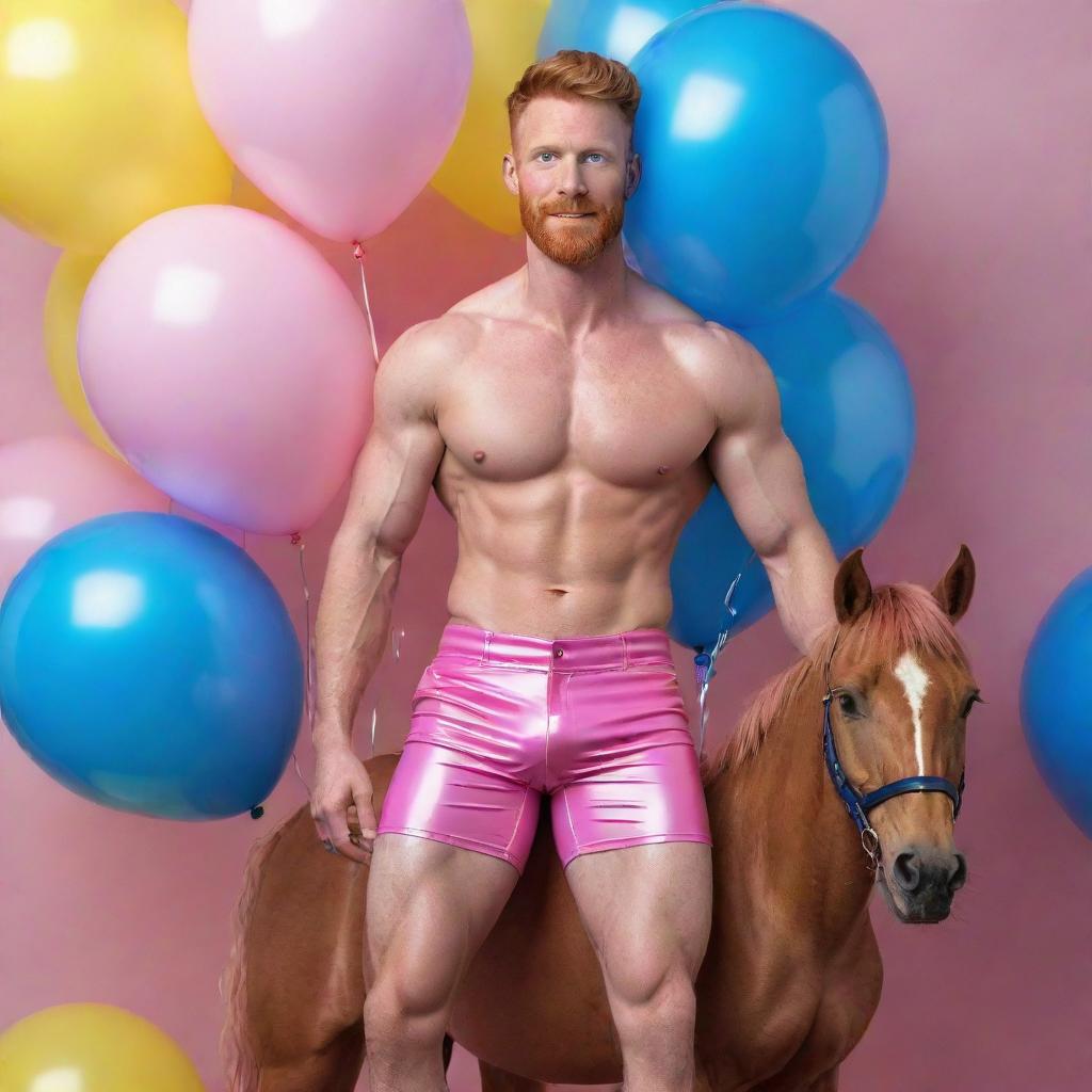 A muscular male model with short hair, ginger beard, and abs, approximately 40 years old, wearing pink latex shorts and a crop top. He's dynamically posing atop a real, pink, curly-haired horse amidst an iridescent backdrop scattered with blue and yellow balloons. A high-definition, full shot image with impeccable detail.