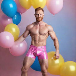 A muscular male model with short hair, ginger beard, and abs, approximately 40 years old, wearing pink latex shorts and a crop top. He's dynamically posing atop a real, pink, curly-haired horse amidst an iridescent backdrop scattered with blue and yellow balloons. A high-definition, full shot image with impeccable detail.