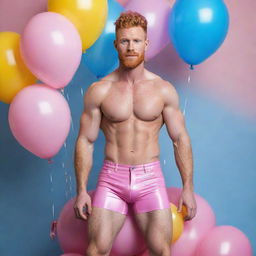 A muscular male model with short hair, ginger beard, and abs, approximately 40 years old, wearing pink latex shorts and a crop top. He's dynamically posing atop a real, pink, curly-haired horse amidst an iridescent backdrop scattered with blue and yellow balloons. A high-definition, full shot image with impeccable detail.