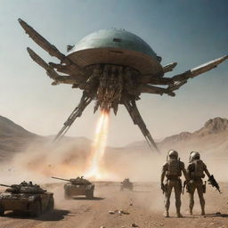 Generate an image depicting an epic scene from an imaginary war between Iran and alien forces, featuring futuristic weaponry and advanced alien technology.