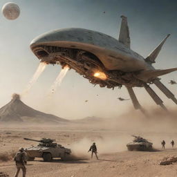 Generate an image depicting an epic scene from an imaginary war between Iran and alien forces, featuring futuristic weaponry and advanced alien technology.