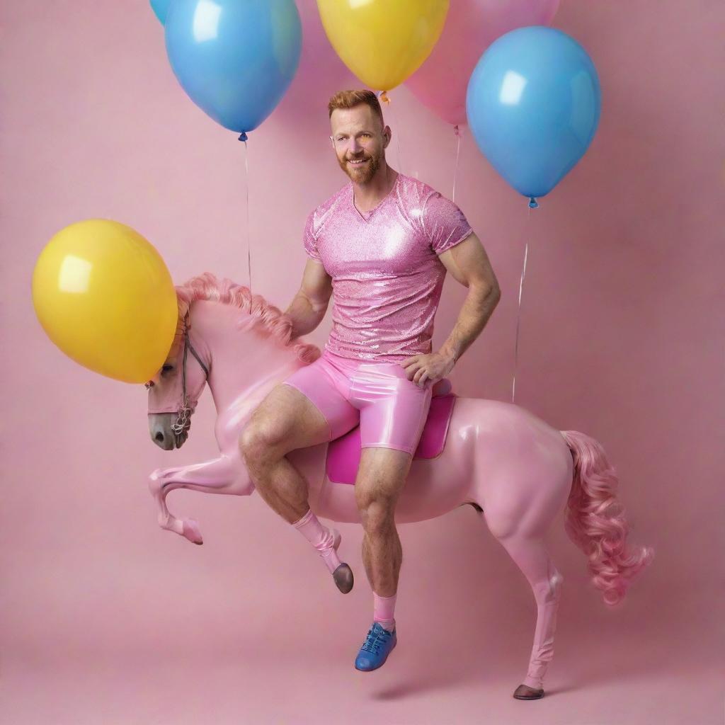 Muscular male model, with short hair and ginger beard, in his 40s, wearing pink latex shorts, dynamically posed atop a pink curly-haired horse, set against an iridescent background filled with blue and yellow balloons, in full shot, high-definition, photorealistic detail.