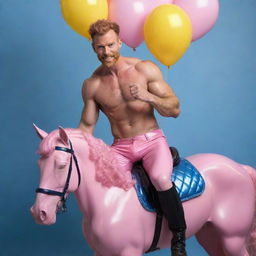 Muscular male model, with short hair and ginger beard, in his 40s, wearing pink latex shorts, dynamically posed atop a pink curly-haired horse, set against an iridescent background filled with blue and yellow balloons, in full shot, high-definition, photorealistic detail.