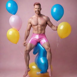 Muscular male model, with short hair and ginger beard, in his 40s, wearing pink latex shorts, dynamically posed atop a pink curly-haired horse, set against an iridescent background filled with blue and yellow balloons, in full shot, high-definition, photorealistic detail.