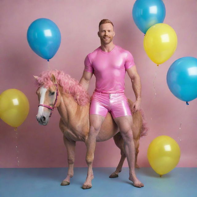 Muscular male model, with short hair and ginger beard, in his 40s, wearing pink latex shorts, dynamically posed atop a pink curly-haired horse, set against an iridescent background filled with blue and yellow balloons, in full shot, high-definition, photorealistic detail.