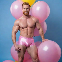 A 40-year-old muscular male model with a ginger beard, short hairstyle, and big muscles. He's wearing pink latex shorts and dynamically posing on a pink real horse with curly hair. The background is iridescent with many blue and yellow balloons. The image should be a full shot and photorealistic.