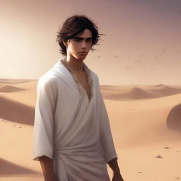 A high-quality digital art piece illustrates Chapter 1, 'The Sands of Destiny'