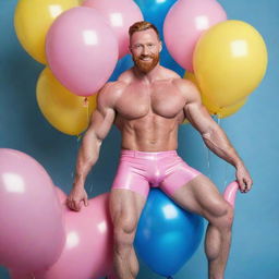 A 40-year-old muscular male model with a ginger beard, short hairstyle, and big muscles. He's wearing pink latex shorts and dynamically posing on a pink real horse with curly hair. The background is iridescent with many blue and yellow balloons. The image should be a full shot and photorealistic.