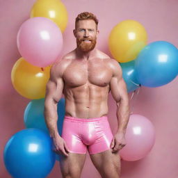 A 40-year-old muscular male model with a ginger beard, short hairstyle, and big muscles. He's wearing pink latex shorts and dynamically posing on a pink real horse with curly hair. The background is iridescent with many blue and yellow balloons. The image should be a full shot and photorealistic.