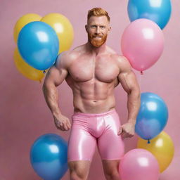 A 40-year-old muscular male model with a ginger beard, short hairstyle, and big muscles. He's wearing pink latex shorts and dynamically posing on a pink real horse with curly hair. The background is iridescent with many blue and yellow balloons. The image should be a full shot and photorealistic.