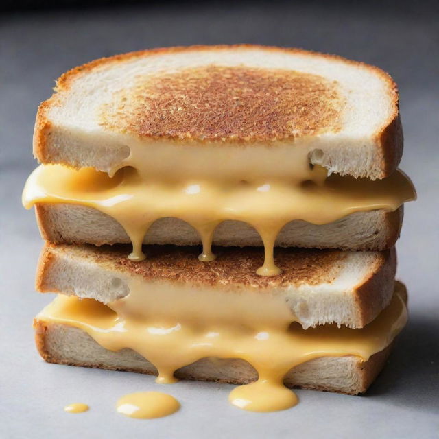 A cheese sandwich, cut in half, with melted cheese oozing out in a shape reminiscent of droplets.