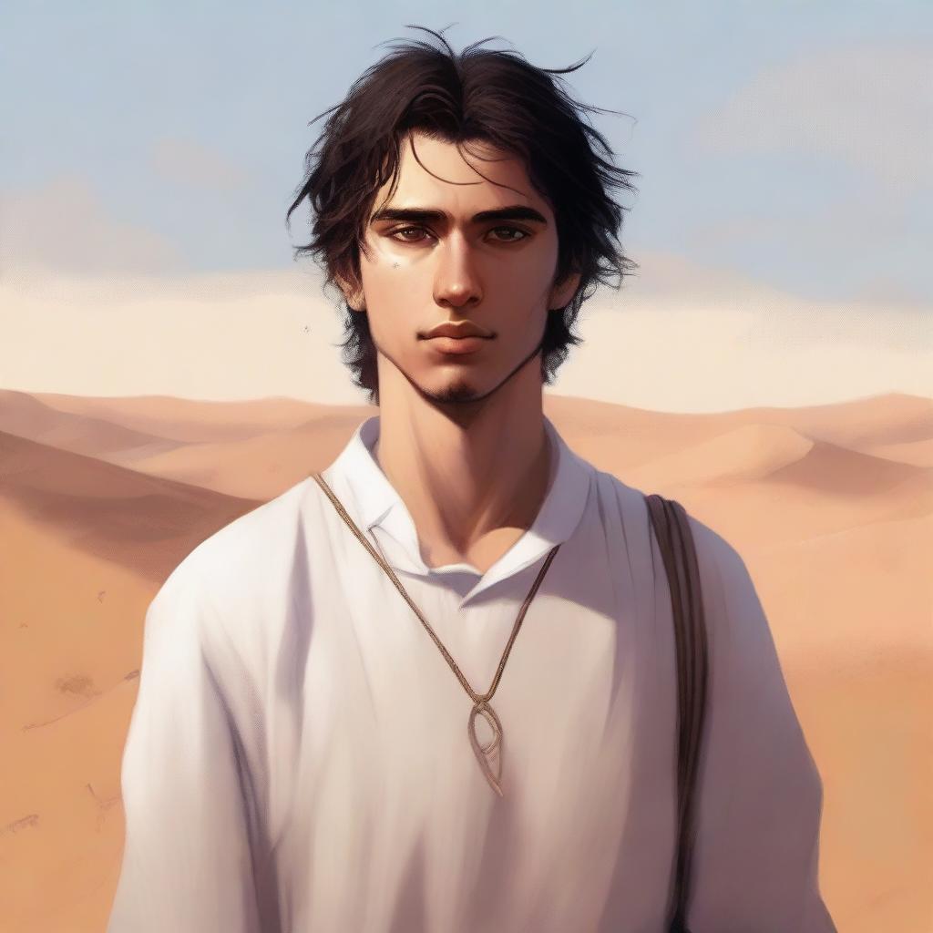 This is a high-quality digital art illustration for Chapter 1, 'The Sands of Destiny'