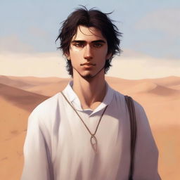 This is a high-quality digital art illustration for Chapter 1, 'The Sands of Destiny'