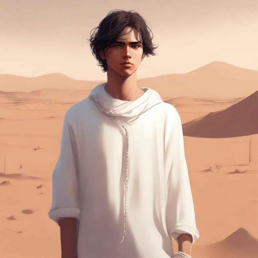A high-quality digital art illustration for Chapter 1, 'The Sands of Destiny', showcases a young male protagonist amidst the Kuwaiti wasteland