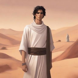 A high-quality digital art illustration for Chapter 1, 'The Sands of Destiny', showcases a young male protagonist amidst the Kuwaiti wasteland