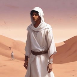 A high-quality digital art illustration for Chapter 1, 'The Sands of Destiny', showcases a young male protagonist amidst the Kuwaiti wasteland