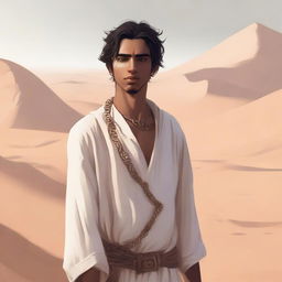 A high-quality digital art illustration for Chapter 1, 'The Sands of Destiny', showcases a young male protagonist amidst the Kuwaiti wasteland
