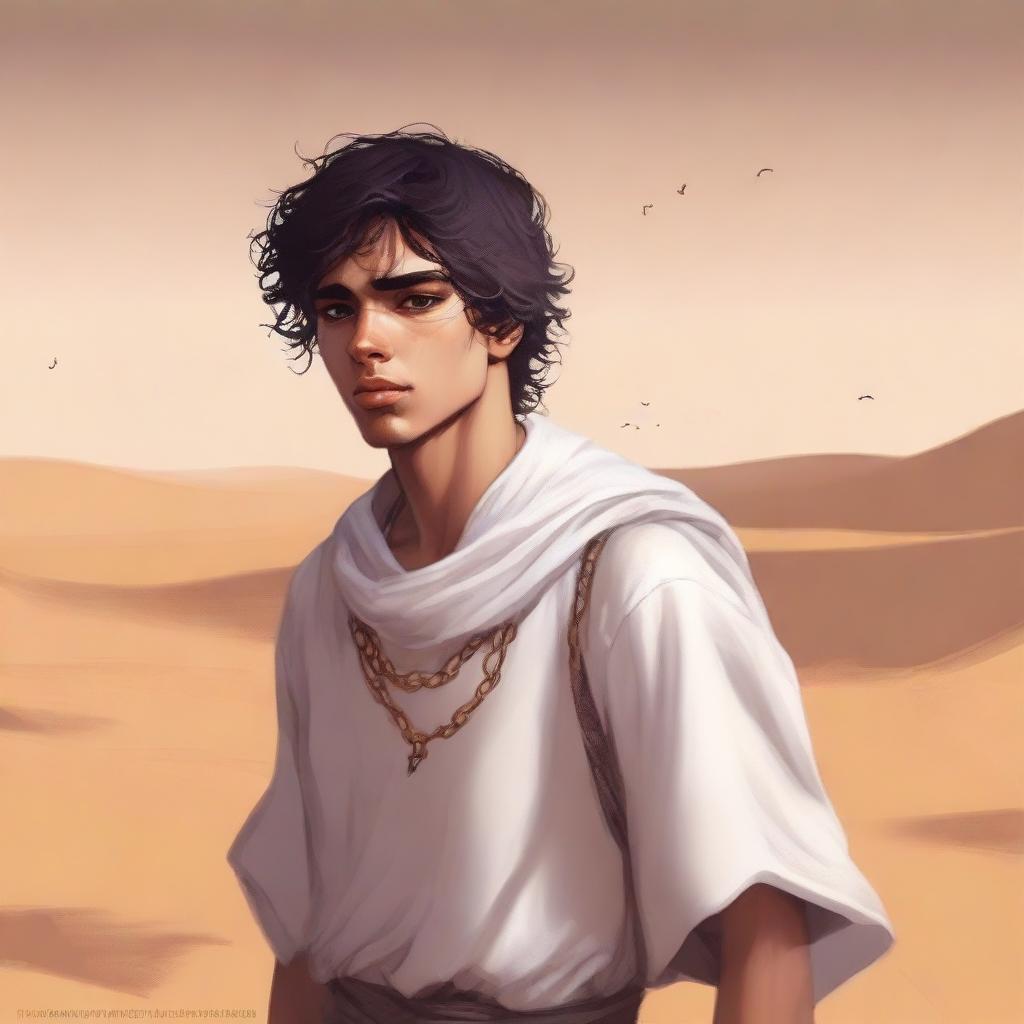 This is a high-quality digital art illustration of Chapter 1, 'The Sands of Destiny'