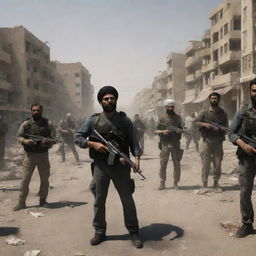 Visualize a hypothetical scenario of Iran defending against a zombie apocalypse, showcasing brave fighters, ghastly zombies, and desolated urban landscapes.