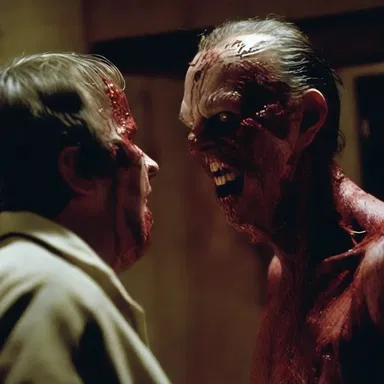 The horror movie depicted a gruesome scene where the villain marred the protagonist's face.