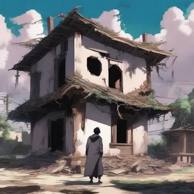 The antagonist of the anime series used his destructive powers to mar the protagonist's cherished home, leaving it in ruins.