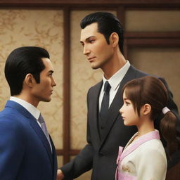 Majima Goro and Kiryu Kazuma from Yakuza 0 are engaging in a friendly interaction with a young girl with dark hair styled in a ponytail and bangs.