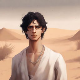 A high-quality digital art illustration for Chapter 1, 'The Sands of Destiny', depicts a young male protagonist amidst the Kuwaiti wasteland, his white skin reflecting a mix of sadness and revelation